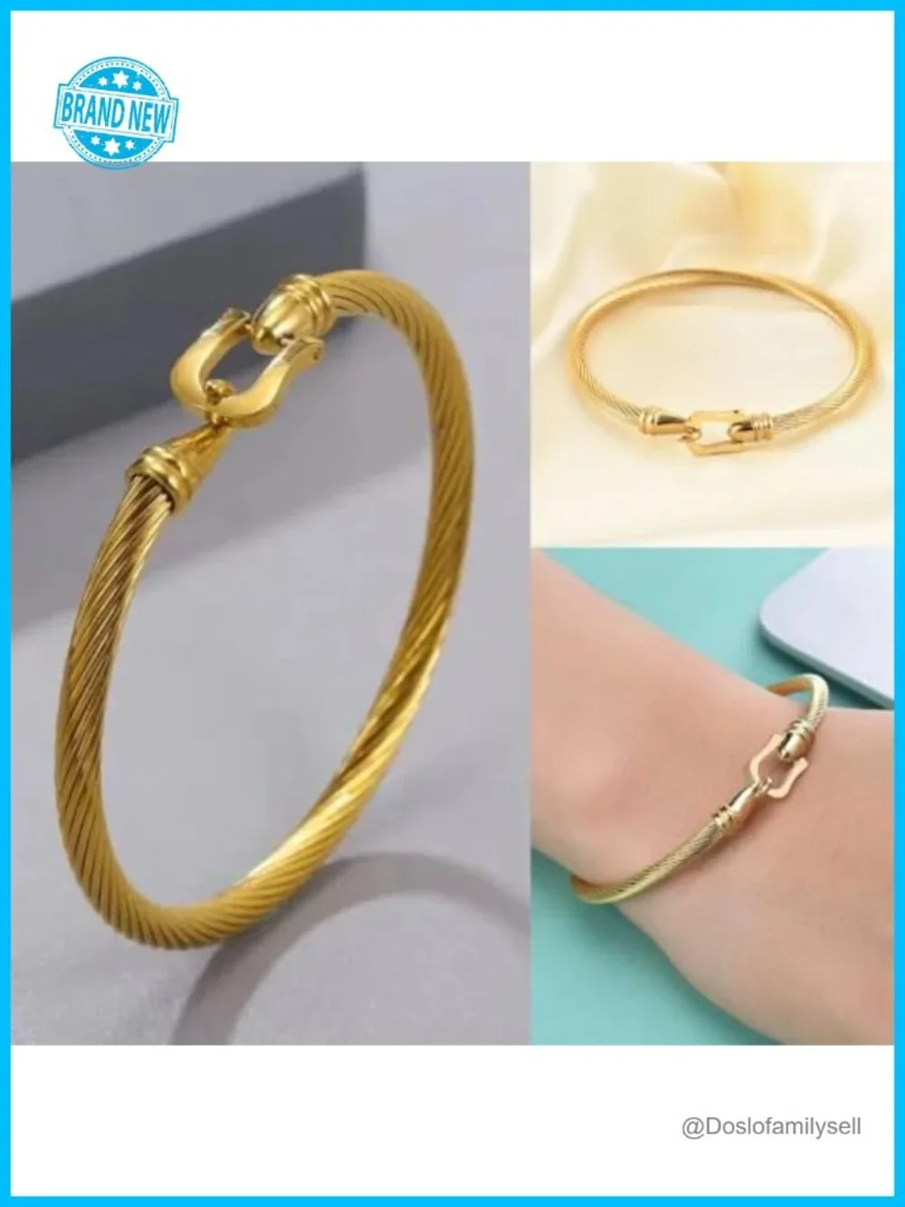 3-Piece Stackable Gold Bracelet Set, Zircon Horseshoe Cable Bracelets